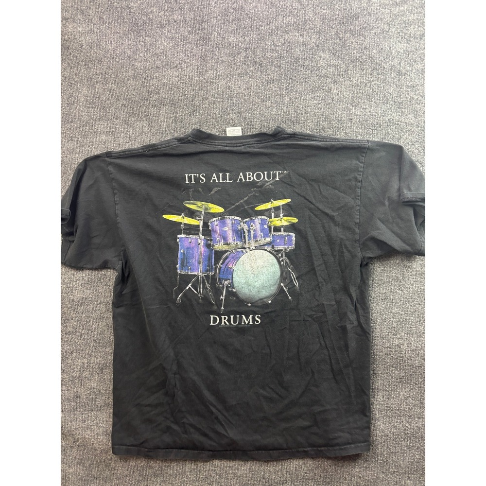It's All About Drums Graphic T-Shirt Mens XL Black Vintage Style Tee Rock n Roll